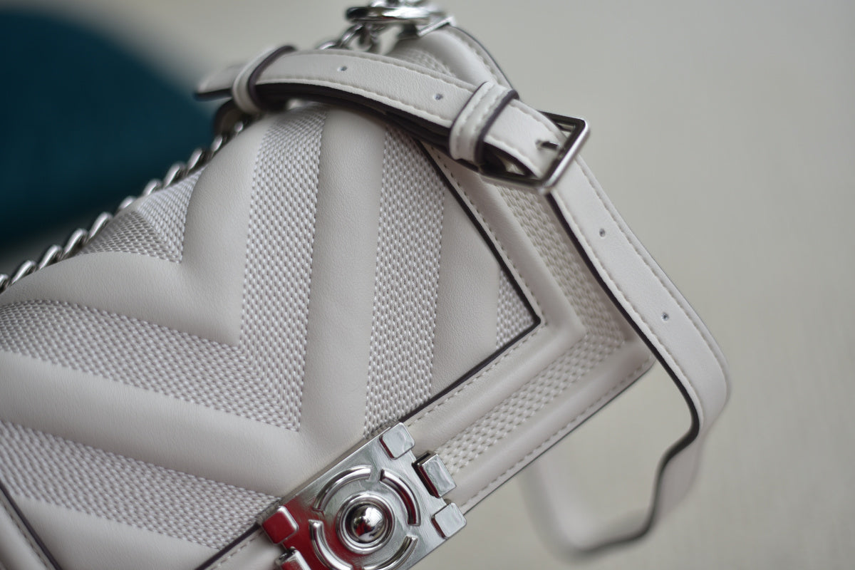 Beige white V line small rectangular single shoulder crossbody bag