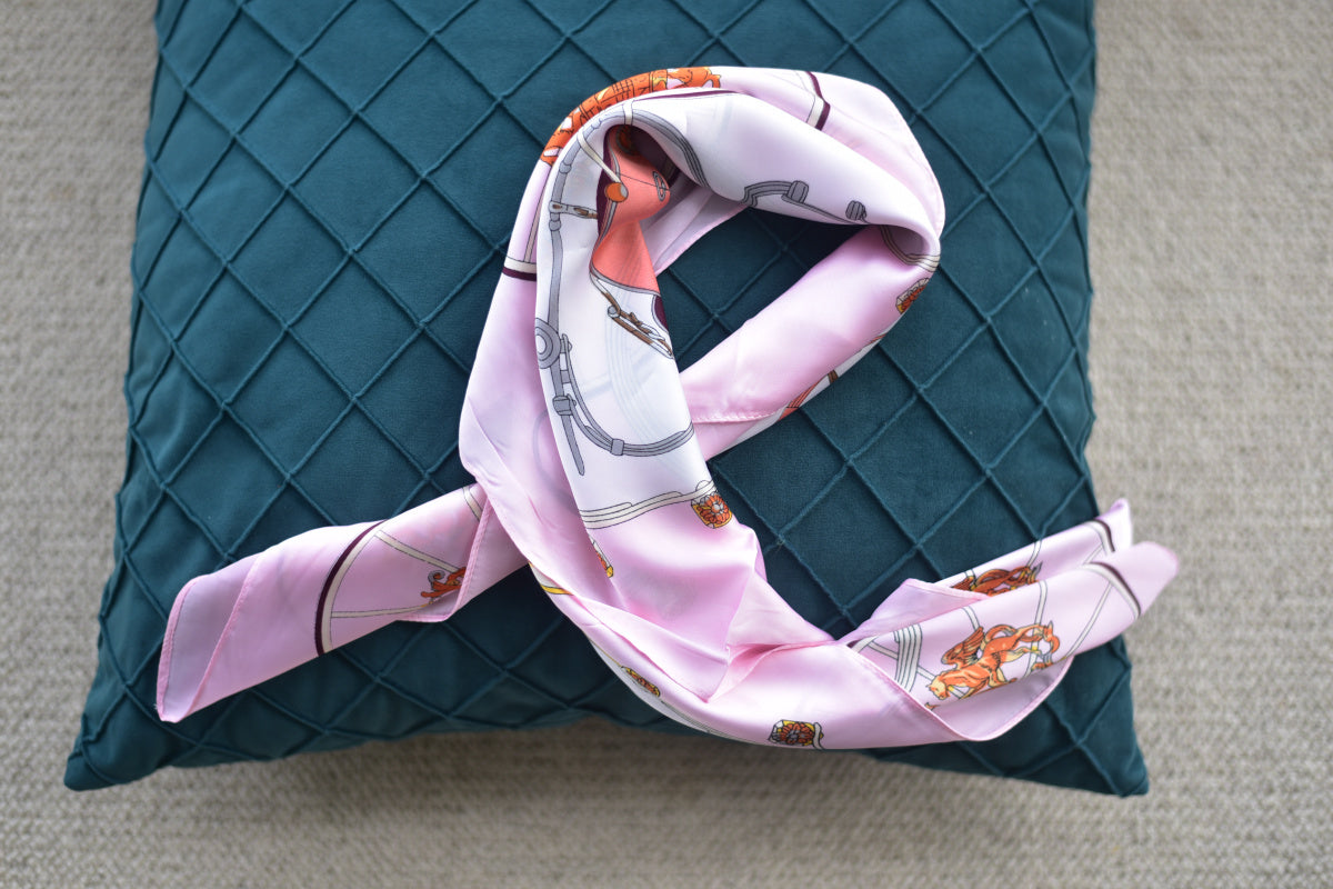 Pink carriage pattern silk square scarf